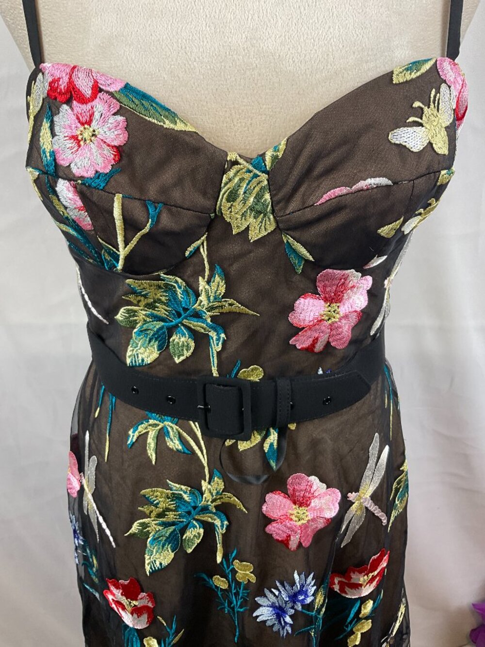 Dress the Population Dress M Black Beige Pink Green Blue Embroidered Overlay - Picture 4 of 11